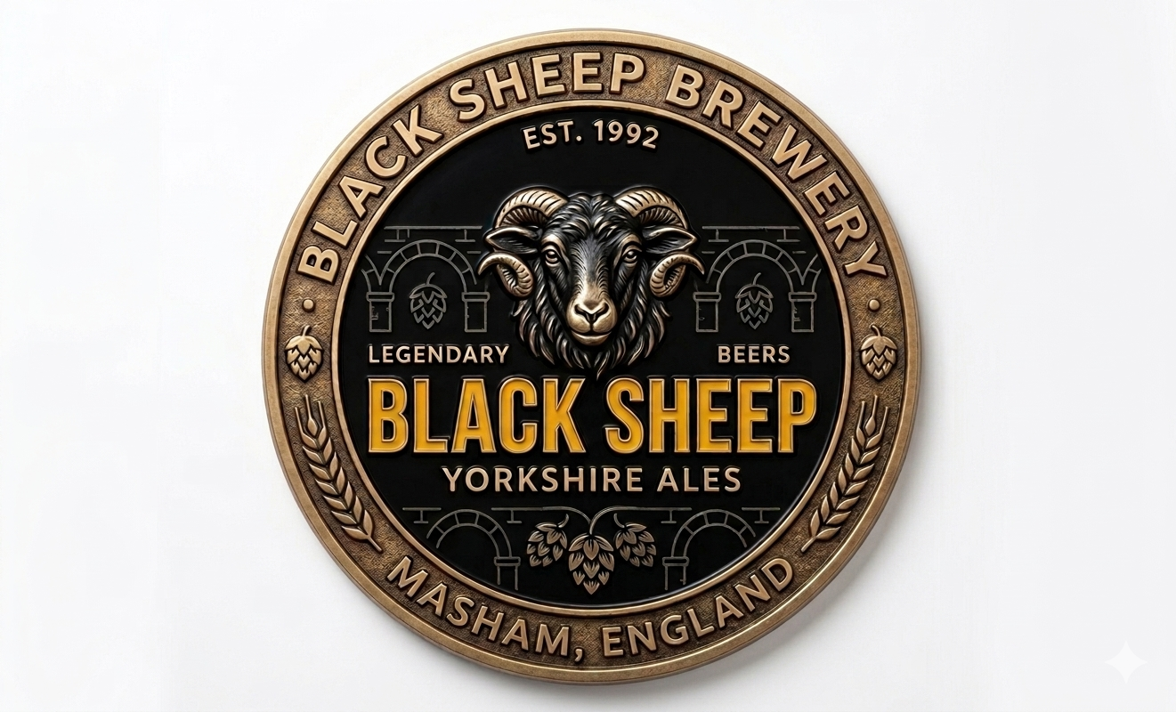 Round emblem for Black Sheep Brewery featuring a black background with a ram's head in the center. Text includes 'Black Sheep Brewery,' 'Est. 1992,' 'Legendary Beers,' 'Black Sheep,' 'Yorkshire Ales,' and 'Masham, England' with decorative hops, wheat, and arch motifs.