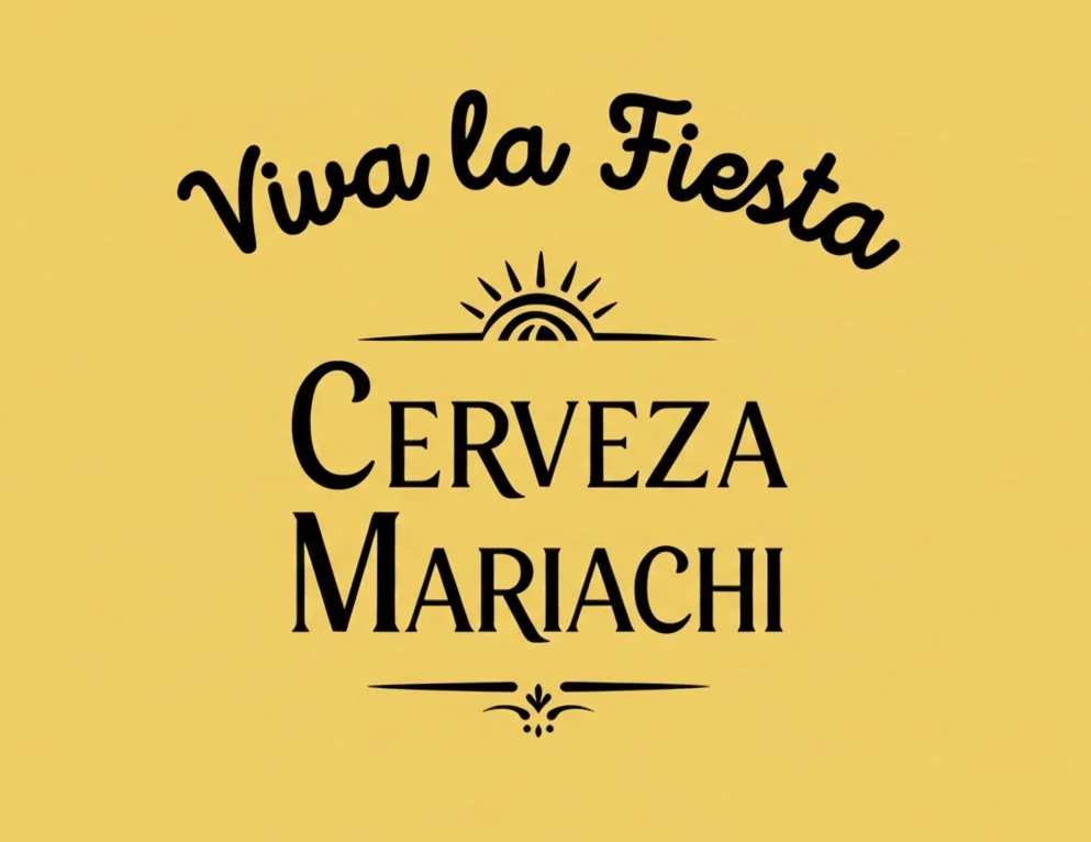 Yellow background with black text that reads 'Viva la Fiesta Cerveza Mariachi' and decorative elements like a sun with rainbow below it and a flourish at the bottom.