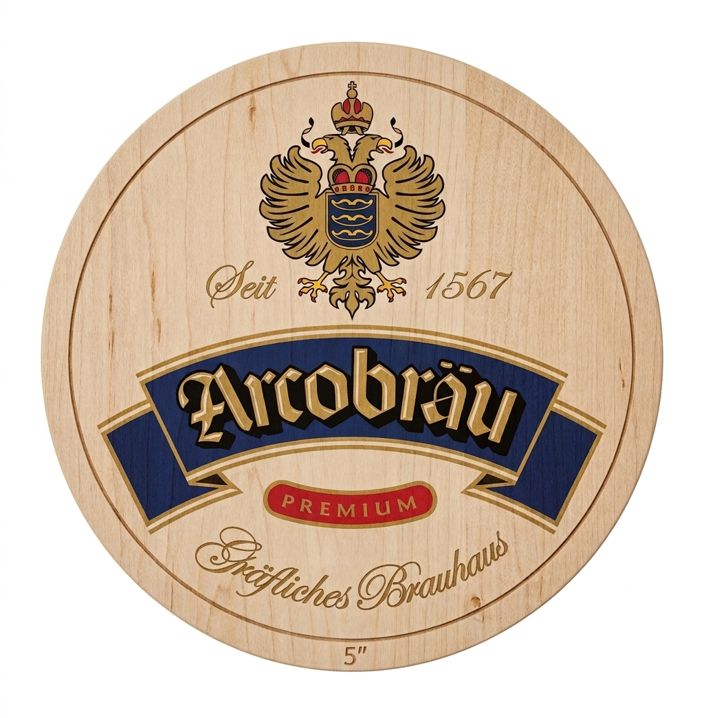 A round wooden beer coaster with the Arcobrau brand logo, including a golden eagle crest, the brand name in black and gold, and the words 'Premium' and 'Craft Beer' in German.
