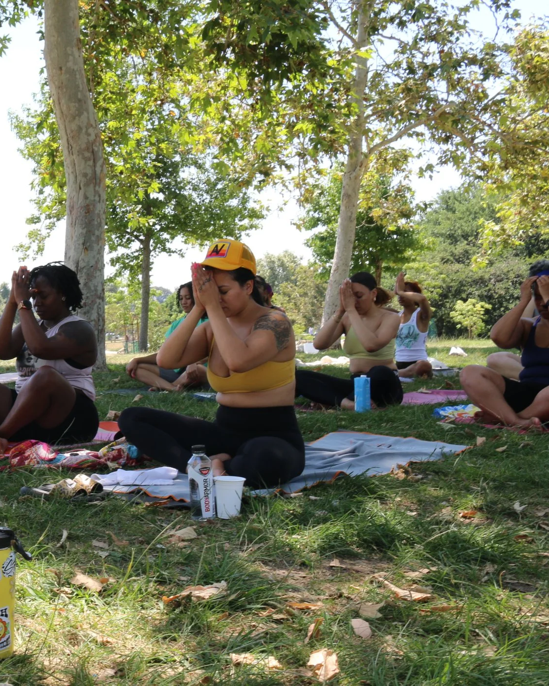 Group of diverse women practicing yoga outdoors in a park, sitting cross-legged on mats beneath trees, holding prayer position with eyes closed, in a peaceful setting with sunlight filtering through leaves.