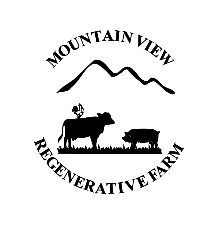 Logo for Mountain View Re Generative Farm with a mountain silhouette above, and silhouettes of a sheep, a pig, and a chicken in a grassy field below.