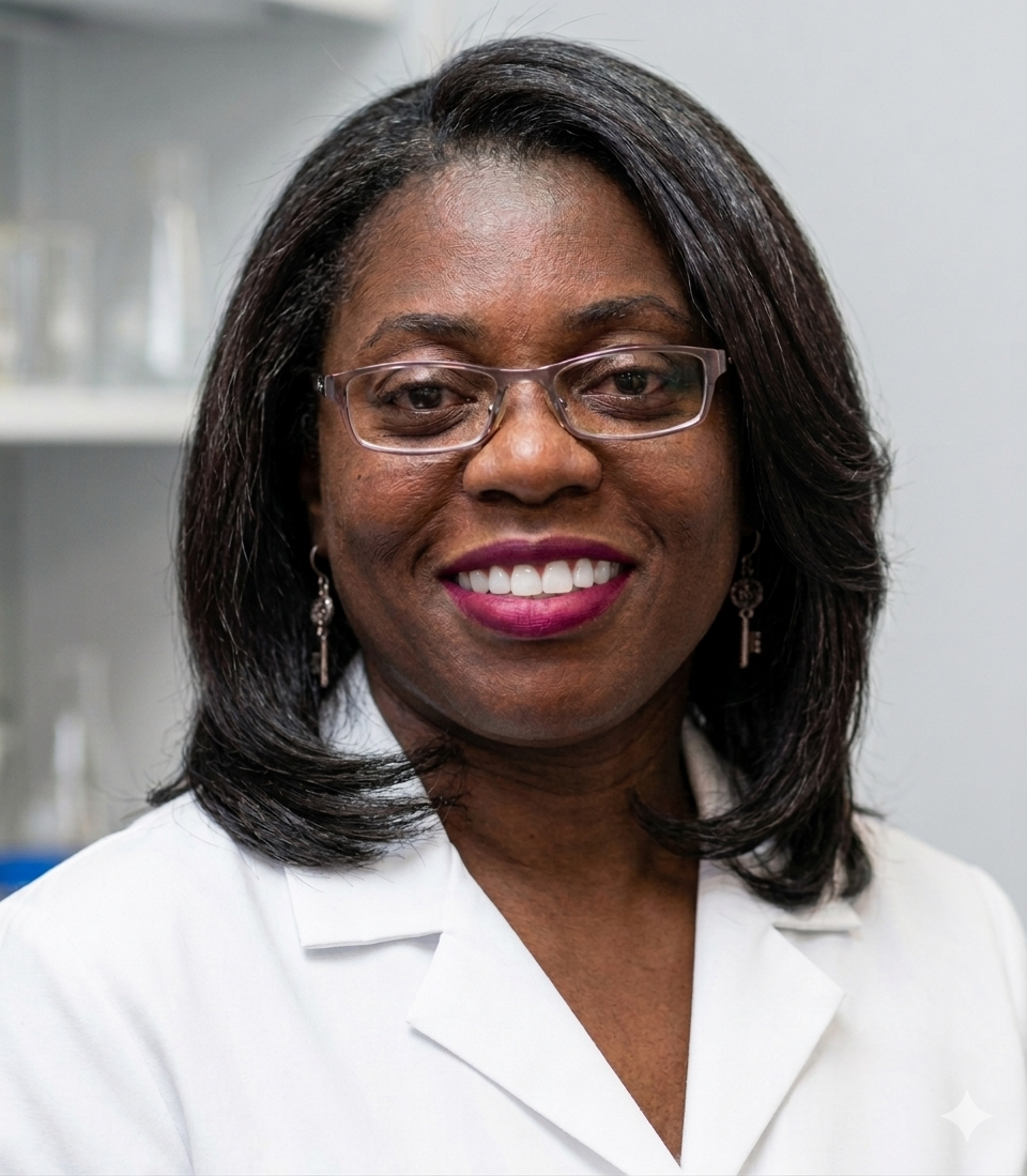 A smiling woman with dark hair, wearing glasses, earrings, and a lab coat, standing in a laboratory setting.
