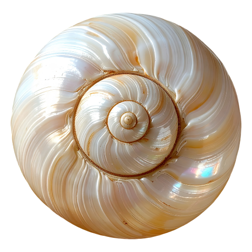 Close-up of a spiral seashell with a glossy, iridescent surface.