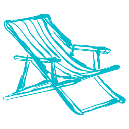 Blue line drawing of a lounge chair with armrests and a reclining backrest.