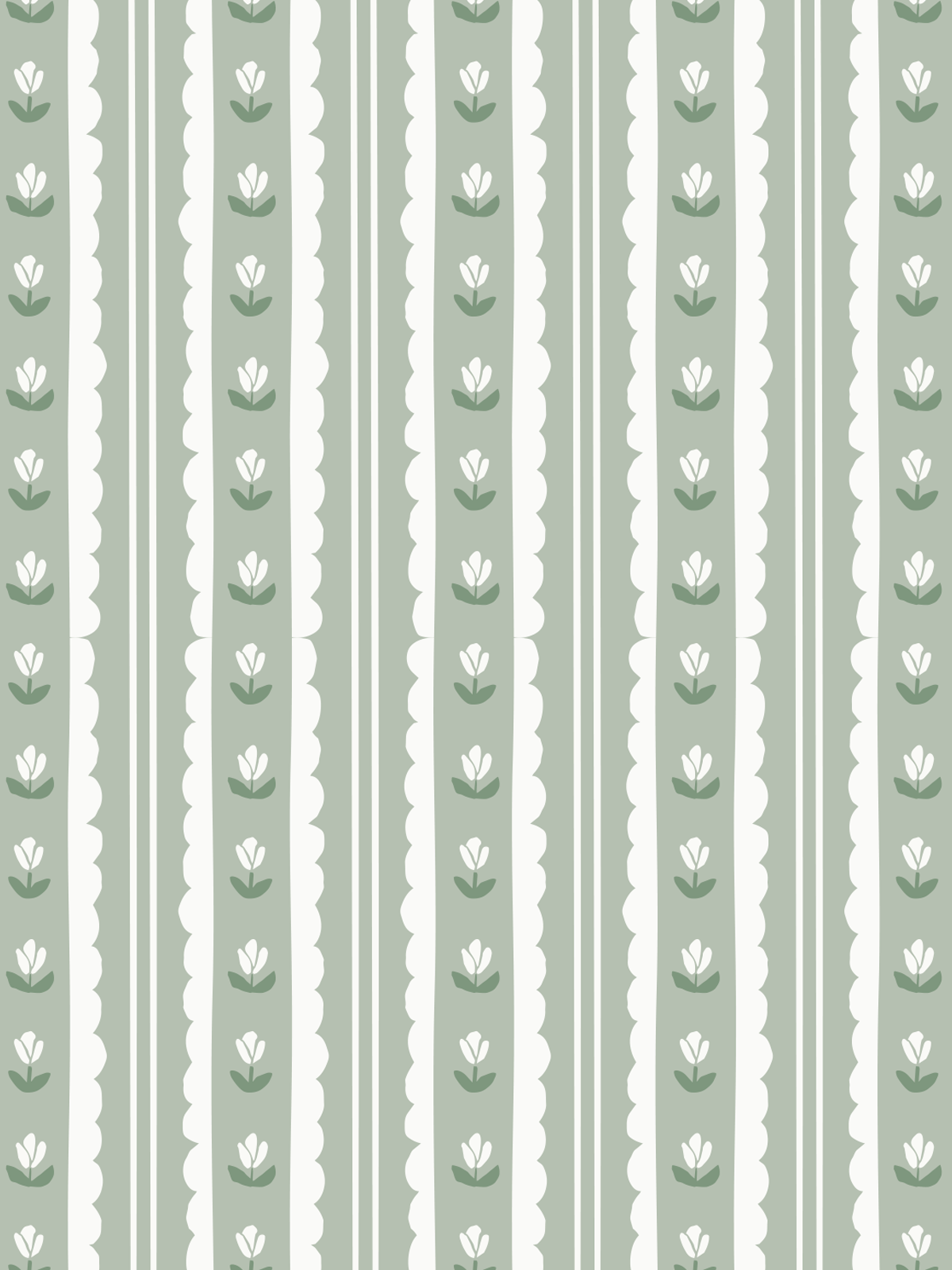 Pattern of vertical stripes with small white flowers and green leaves on a light green background.