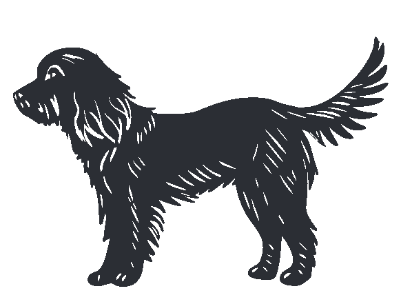 Simple black and gray illustration of a dog with a long tail and floppy ears.