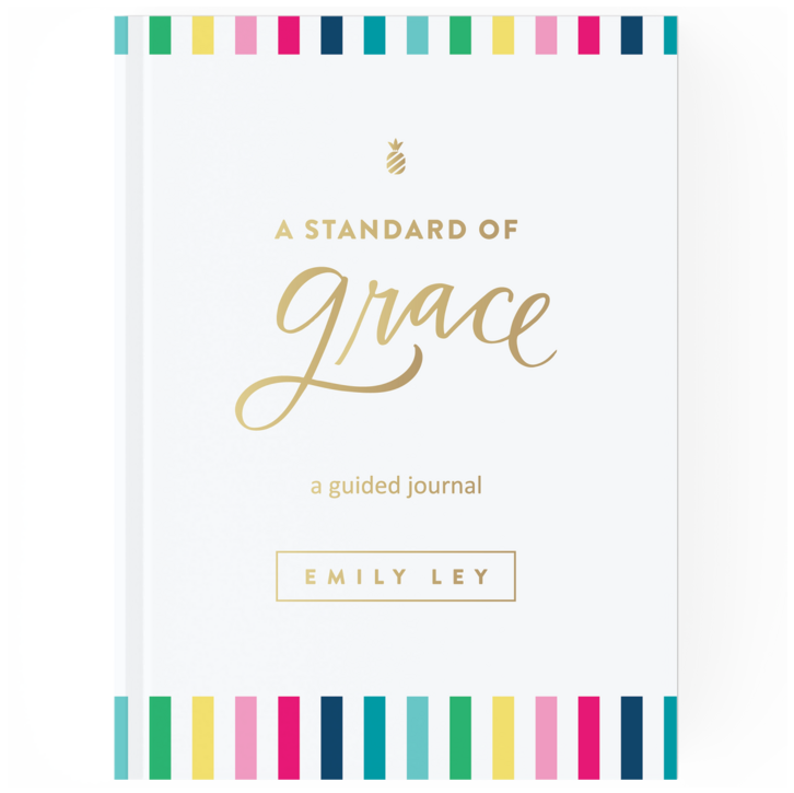 Book cover titled 'A Standard of Grace' by Emily Ley with colorful border at top and bottom.