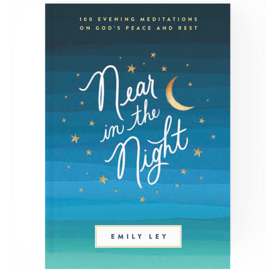 Book cover titled "Hear in the Night" by Emily Ley, featuring a night sky background with stars, a crescent moon, and the subtitle "100 Evening Meditations on God's Peace and Rest."