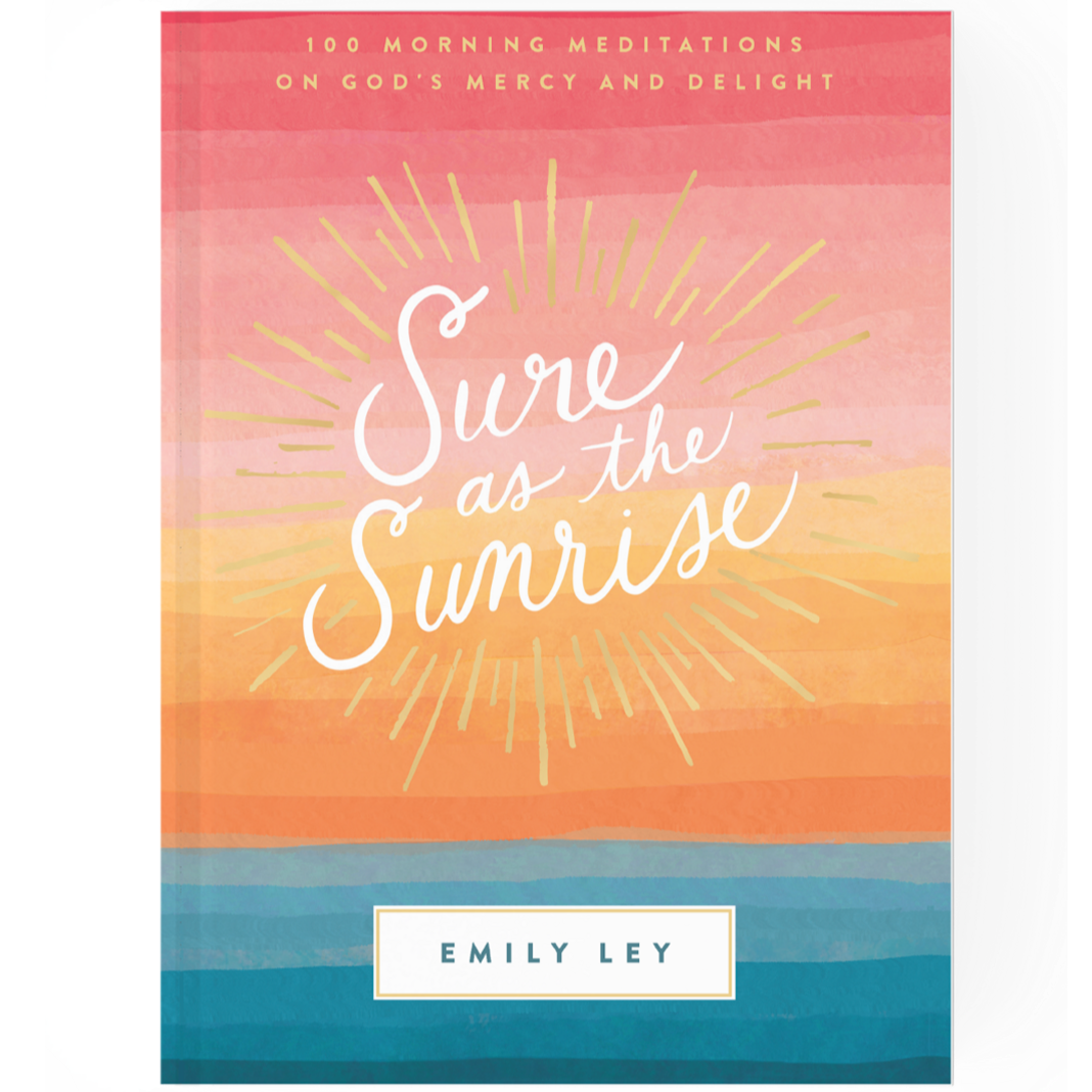 Book cover titled 'Sure as the Sunrise' by Emily Ley, featuring a sunrise and ocean scene with pink, orange, and blue hues.