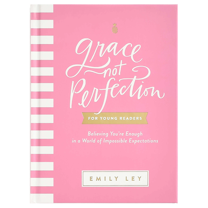 Pink book cover titled 'Grace Not Perfection' by Emily Ley, with gold accents and horizontal white stripes on the left side, aimed at young readers.