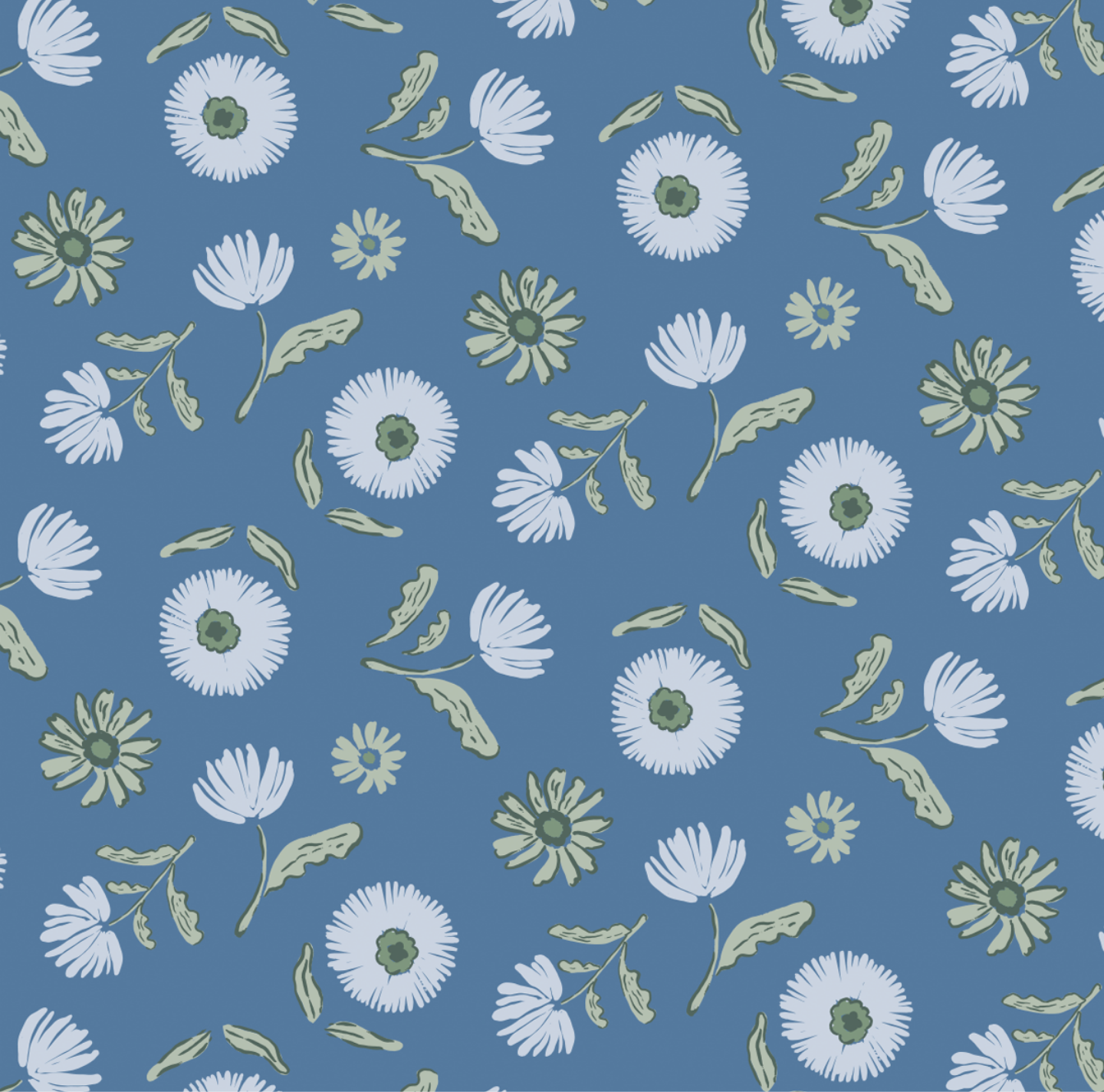 A seamless blue floral pattern featuring white flowers with green centers and light green leaves.