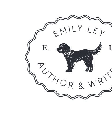 Logo featuring a silhouette of a dog inside a circular scalloped border with the text 'Emily Ley Author & Writer' encircling the dog.