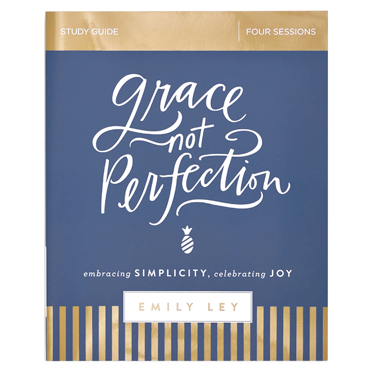 Book titled "Grace Not Perfection" by Emily Ley, study guide for four sessions, with a blue cover, gold and white accents, and a striped gold pattern at the bottom.