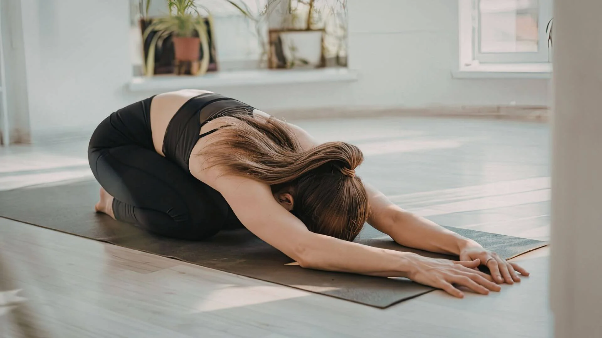 woman doing the childs pose yoga stretch