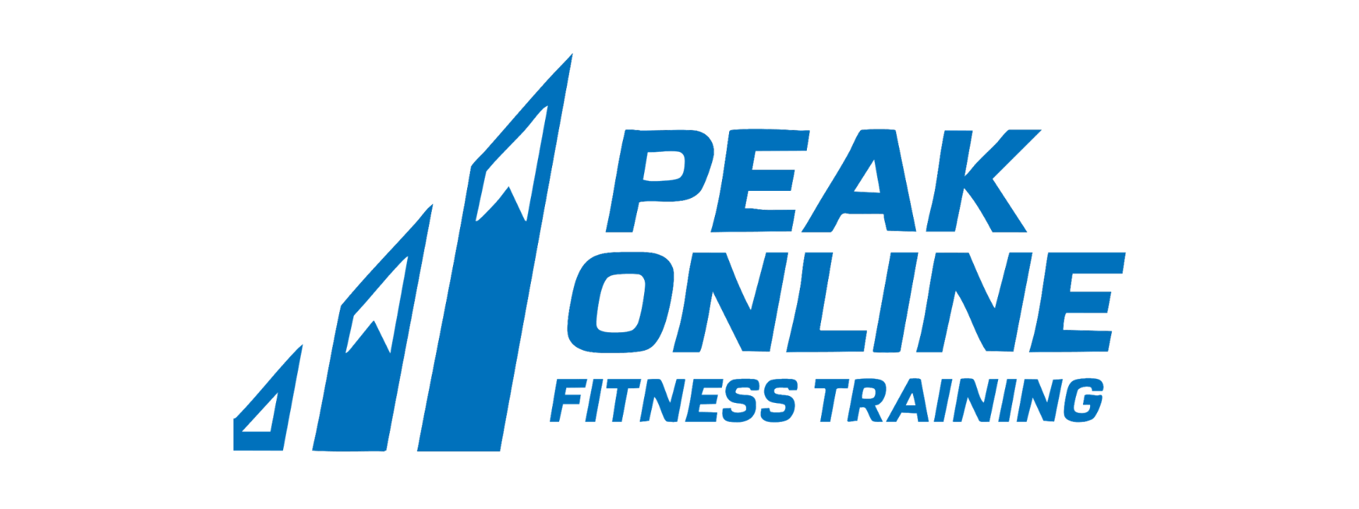 Logo for Peak Online Fitness Training featuring stylized blue mountain peaks and the company name.