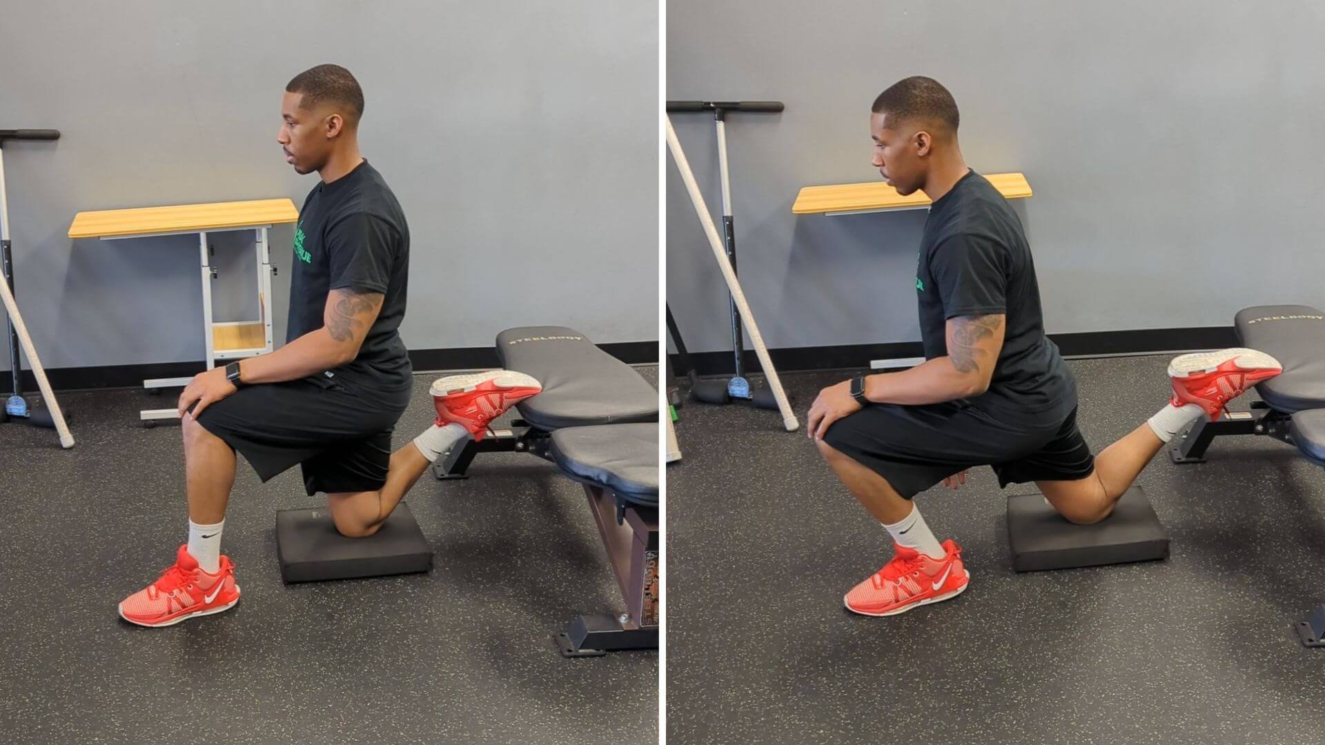 personal trainer showing how to do a Kneeling Quadriceps Stretch