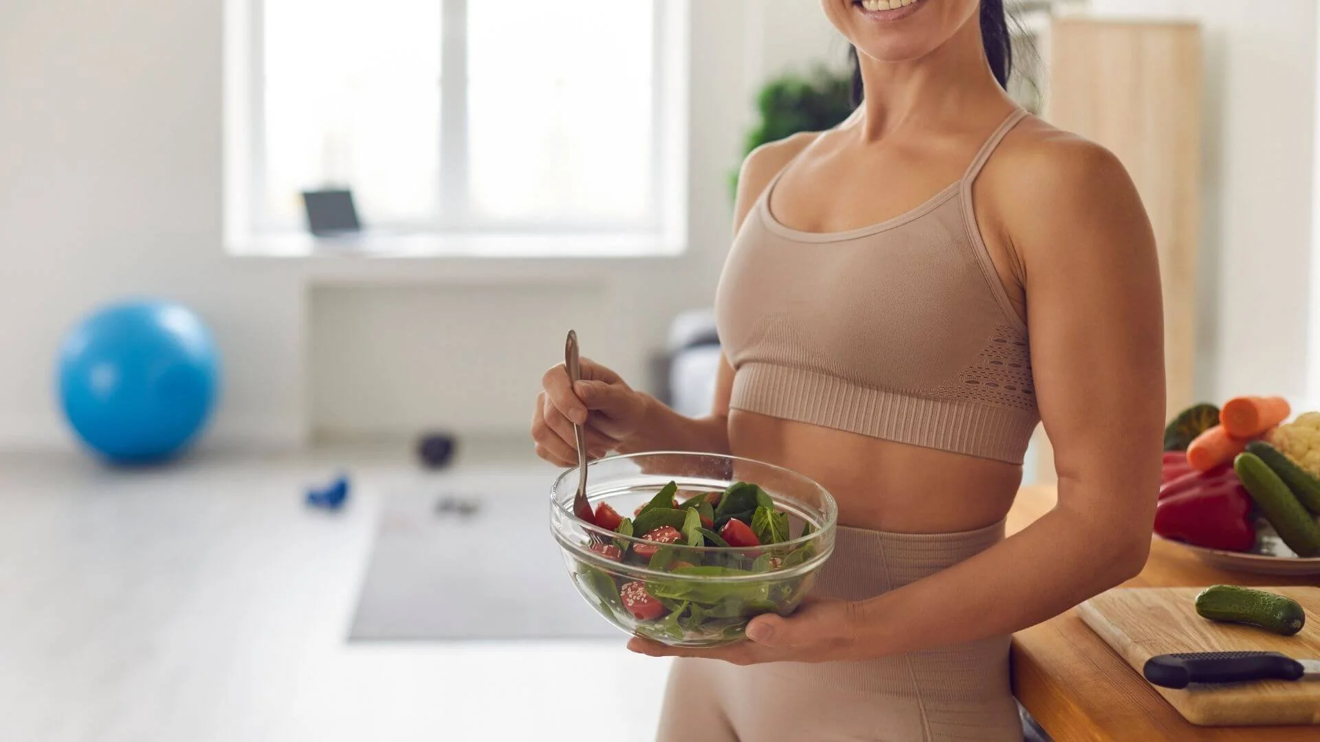 woman happily eating healthy food
