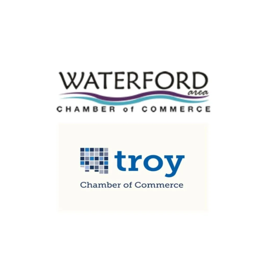 Waterford area chamber of commerce logo and Troy chamber of commerce logo on a white background.