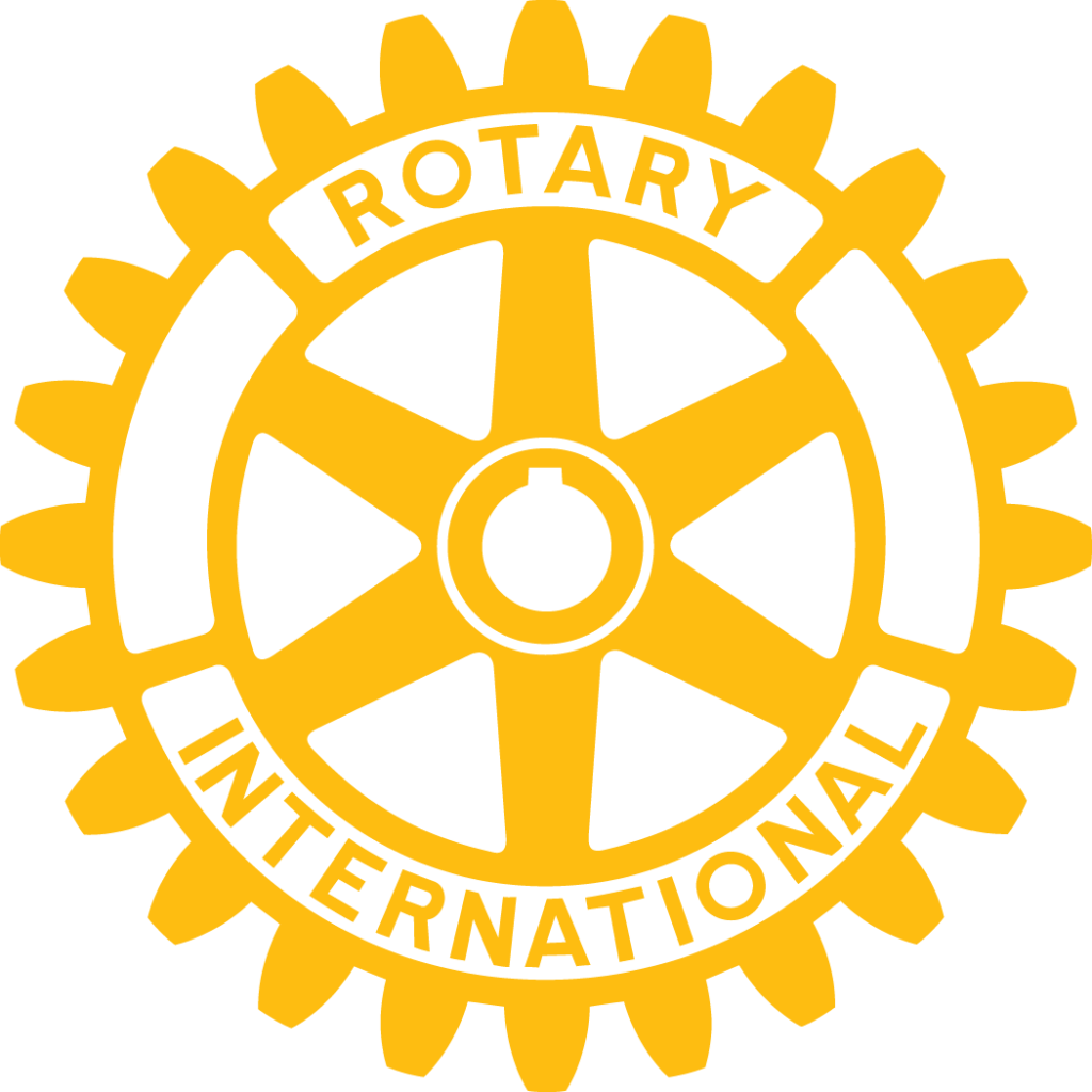 Yellow Rotary International emblem featuring a gearwheel with the words 'Rotary' at the top and 'International' at the bottom.