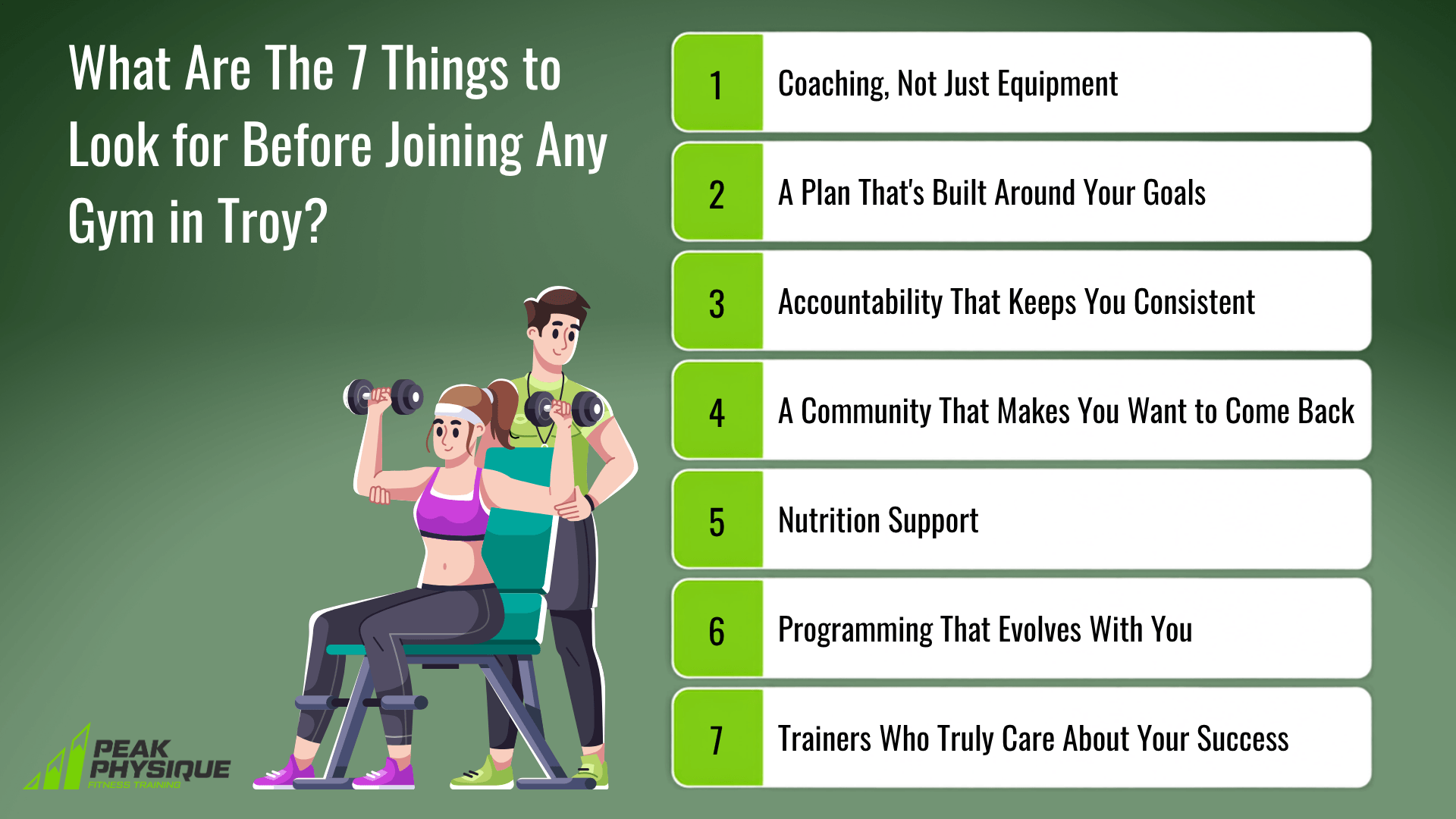 graphic showing What Are The 7 Things to Look for Before Joining Any Gym in Troy?
