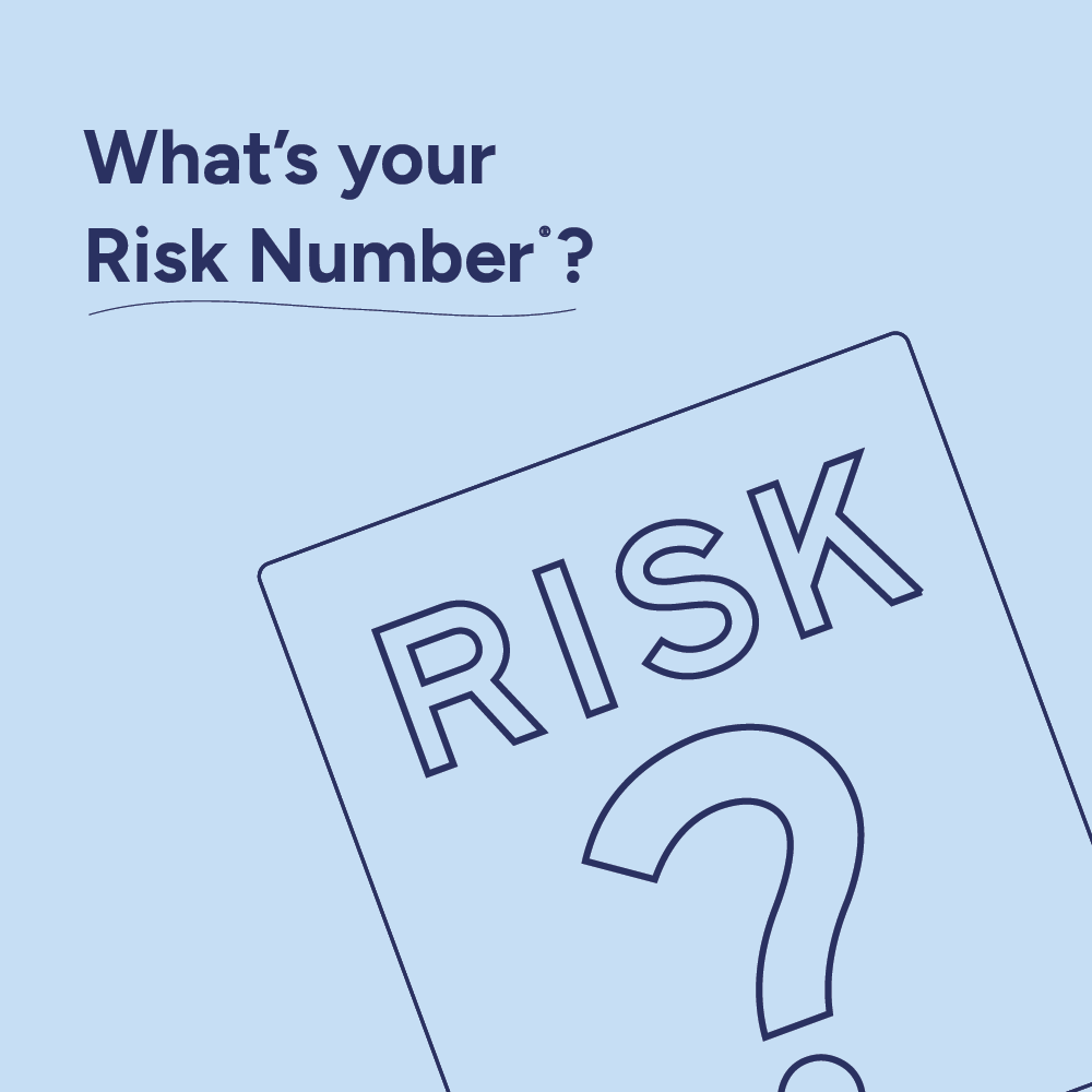A blue poster with the words "What's your Risk Number?" and an illustration of a risk assessment card with the word "RISK" and a question mark.