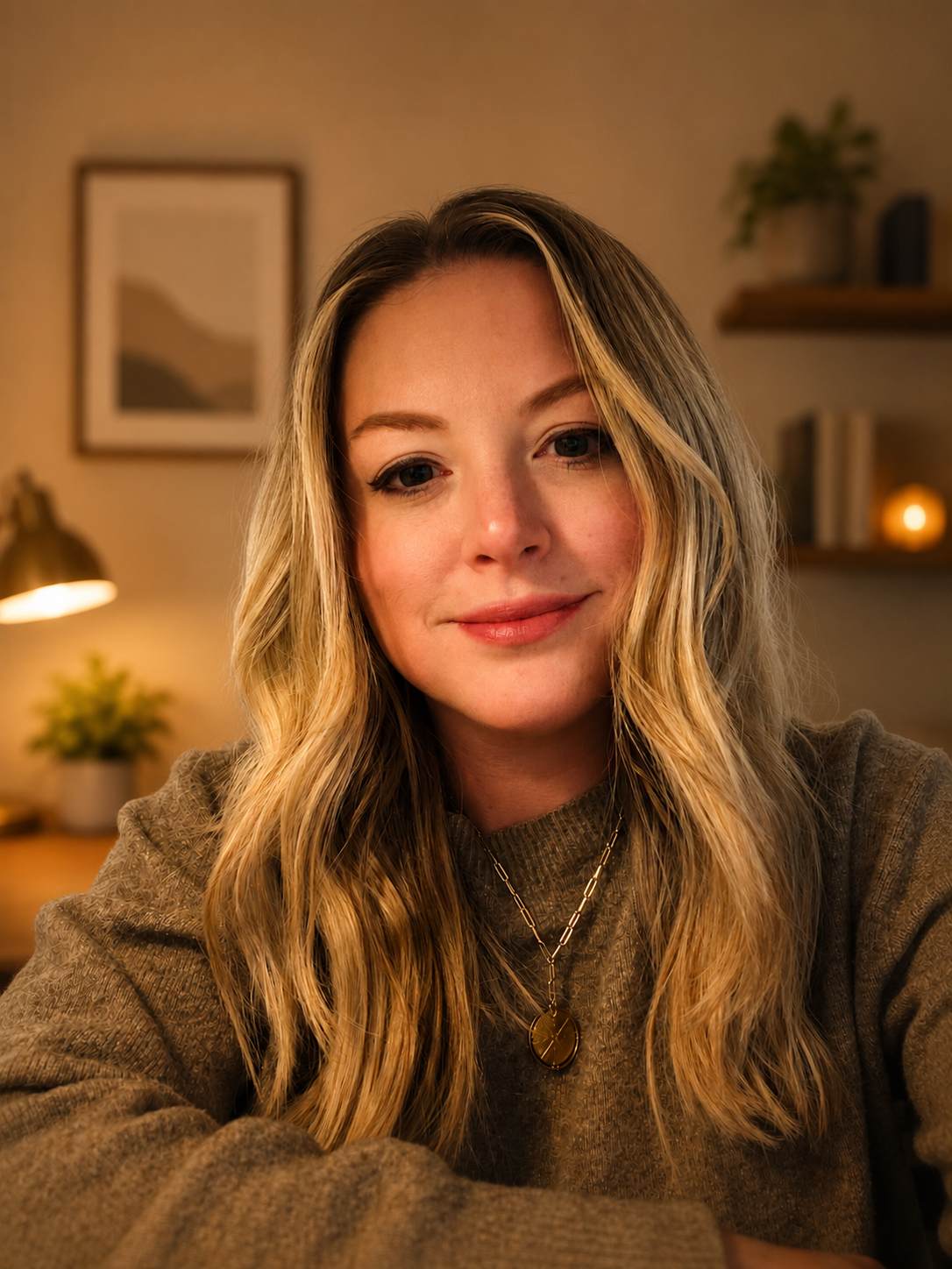 A woman with long wavy blonde hair taking a selfie in a warmly lit cozy room with plants, artwork, and a lamp in the background.