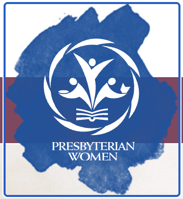 Logo of Presbyterian Women featuring stylized figures and a book, with a watercolor blue background.