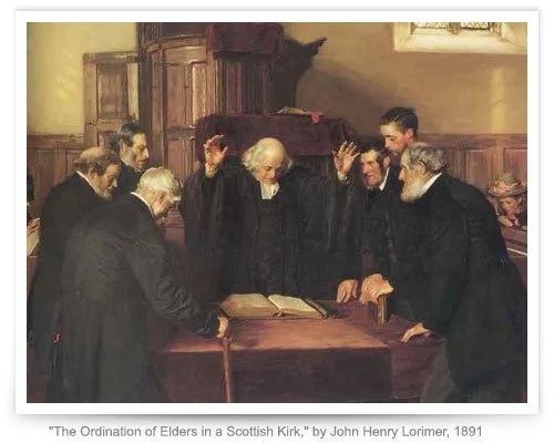 A painting titled 'The Ordination of Elders in a Scottish Kirk' by John Henry Lorimer, 1891, depicting a group of men gathered around a table in a church, engaged in a ceremony or discussion.