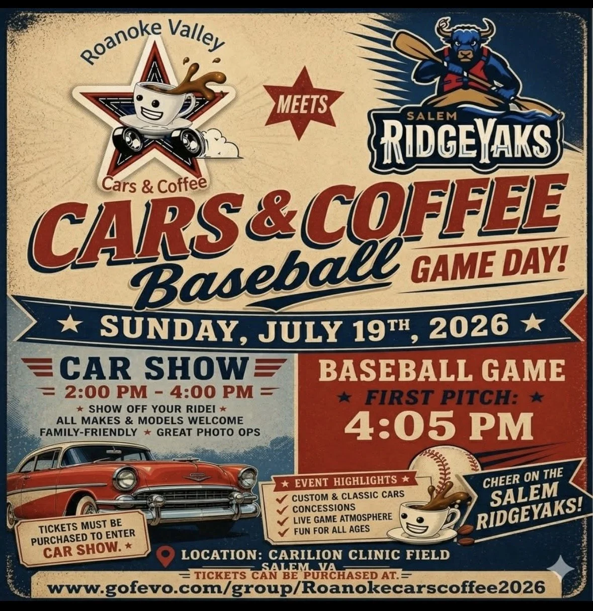 Roanoke Valley Cars and Coffee Baseball Game Day and Car Show