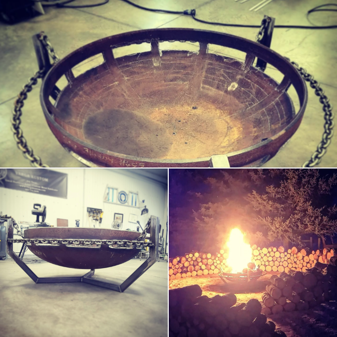 A collage of three images showing a metal fire pit, a large dark metal bowl on a stand inside a workshop, and a campfire with logs stacked around it at night.