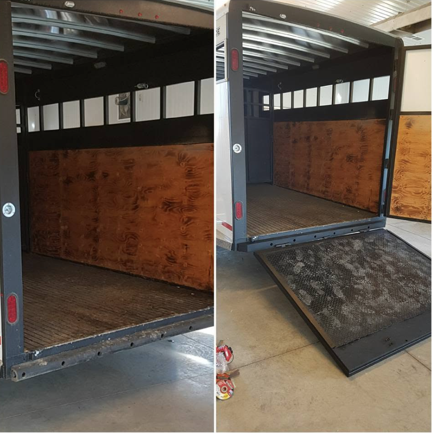 Comparison of the inside of a horse trailer before and after cleaning, showing a dirty floor in the left image and a clean, swept floor with a ramp in the right image.
