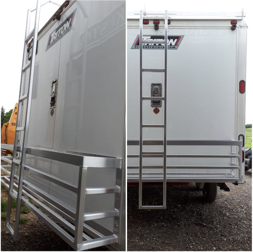 A white trailer with a silver ladder attached to the side, branded with "Tatow" logo, parked outdoors on gravel with trees in the background.