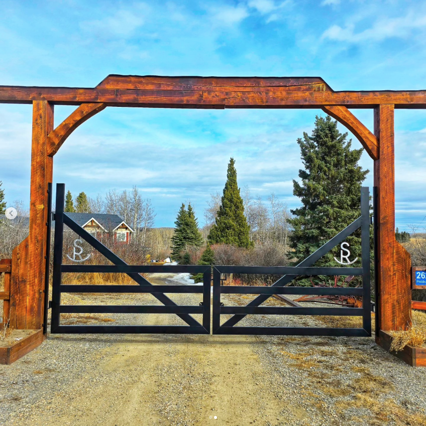 A black metal gate with a wooden frame, set in a rustic environment with trees and a house in the background under a partly cloudy sky.