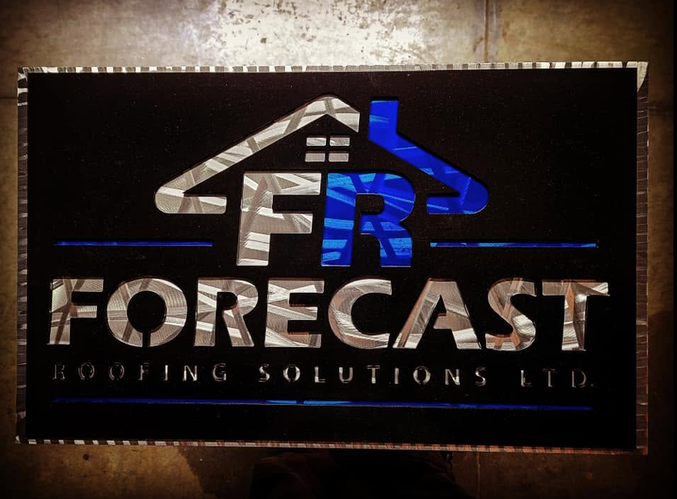 Sign for FRR Forecast Roofing Solutions Ltd with a house outline and a blue chimney.