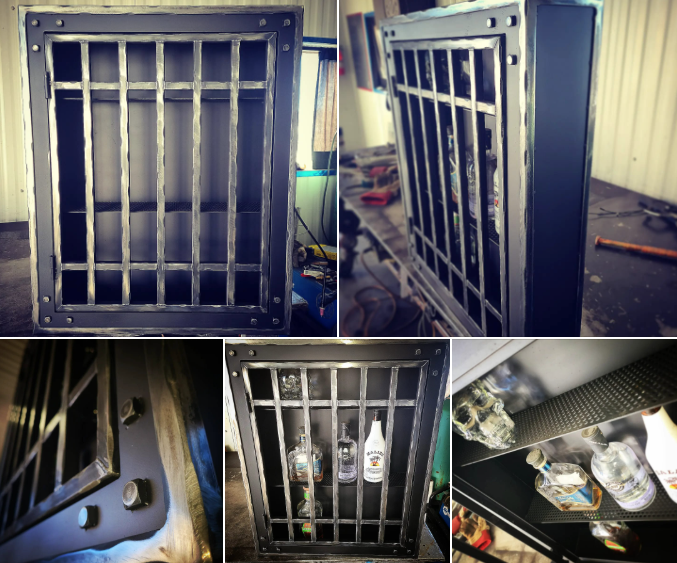 A black metal jail cell door with bars, shown from multiple angles. Some photos include alcohol bottles inside the cell and tools around it.