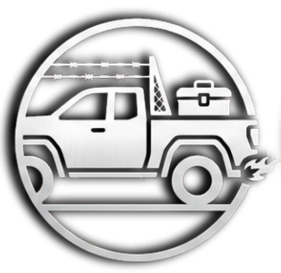 Silhouette of a pickup truck with a barbed wire fence, crane, and briefcase inside a circular border