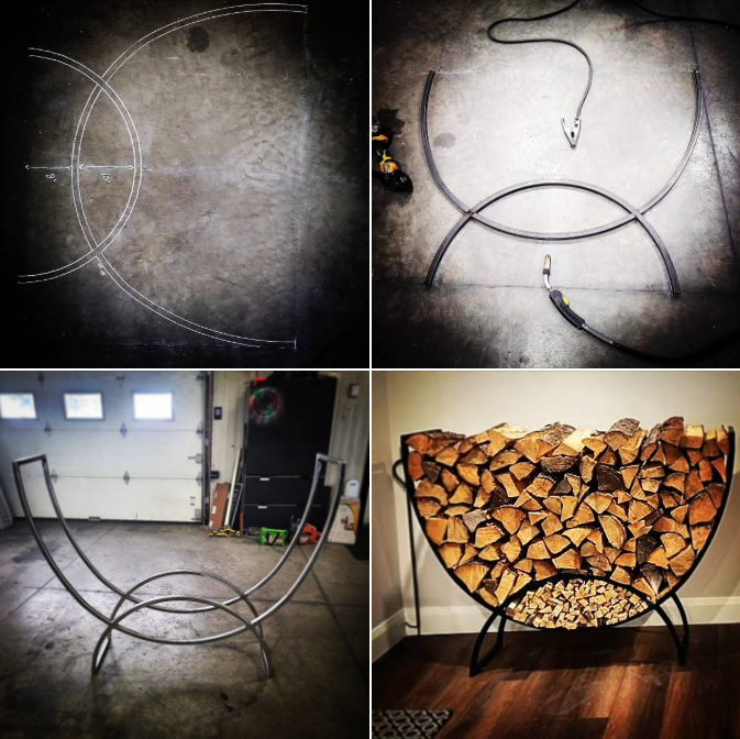 Four images showing the process and finished product of a wood and metal firewood rack. The first two images show metal outlines and parts laid out on the floor, the third image shows the partially assembled frame, and the fourth image shows the comp