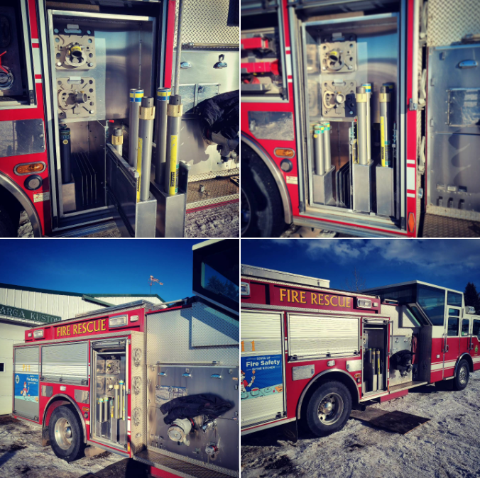Collage of four photos of a fire rescue truck. The first two images show the inside compartments of the truck with tools and equipment. The bottom left and right images show the exterior of the fire rescue truck, which is red and white, with compartm