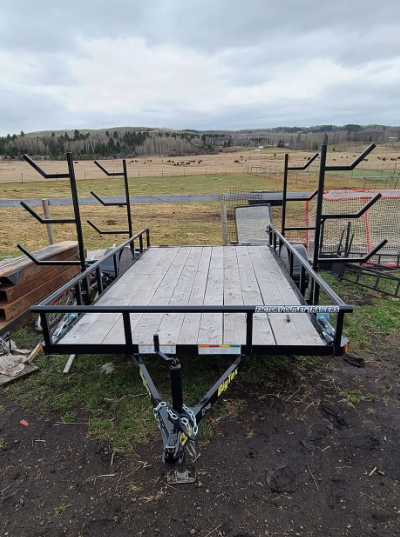 Rustic flatbed utility trailer with ladder rungs attached to sides, parked on dirt in a rural area with open fields and overcast sky.