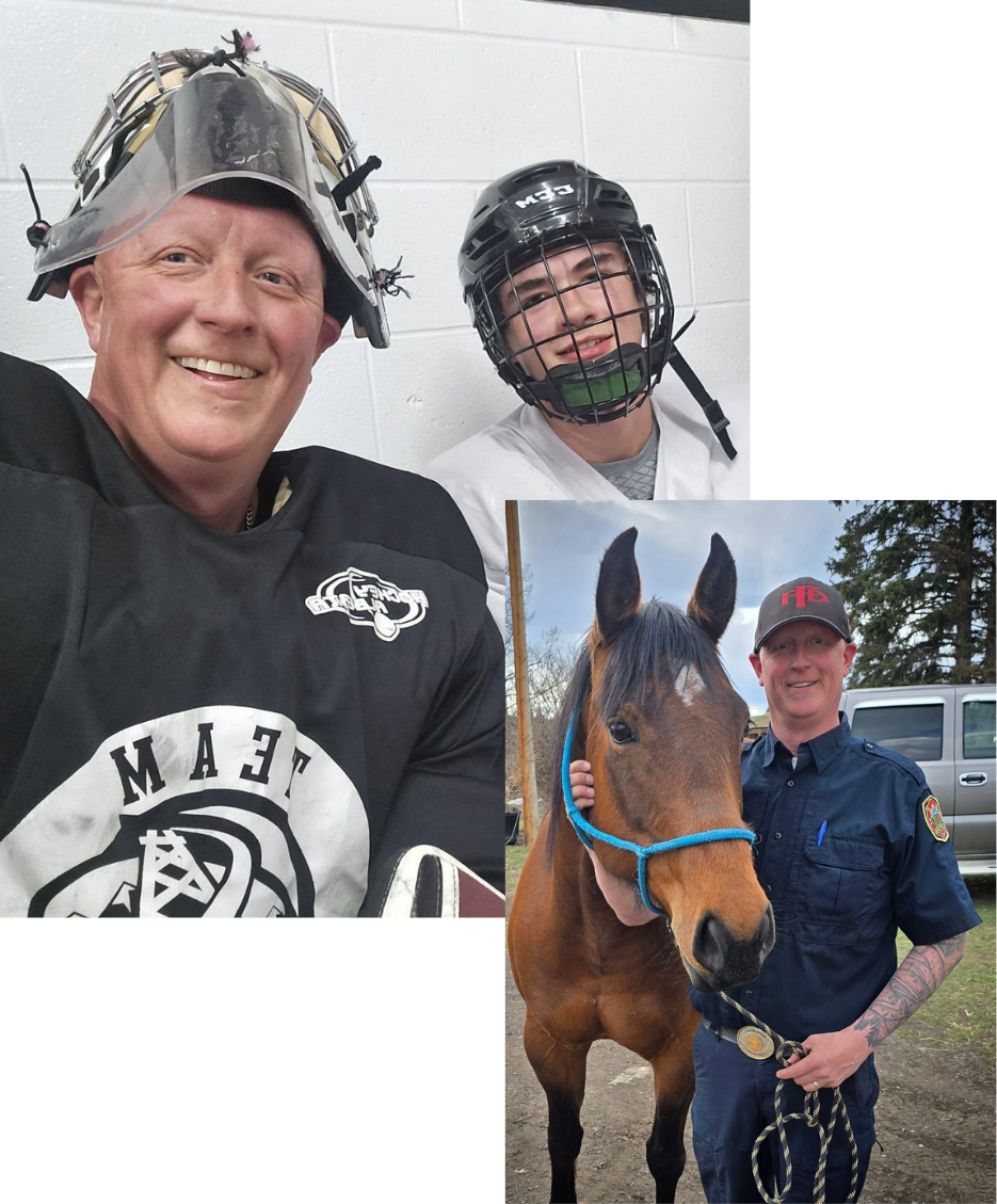 A collage of two photos featuring two men. In the top photo, a man is wearing a black hockey helmet with a cage and a white hockey jersey, smiling, with a younger man next to him also in a hockey helmet and jersey. In the bottom photo, a man in a fire department uniform is standing beside a brown horse with a blue halter, outdoors with trees and a van in the background.