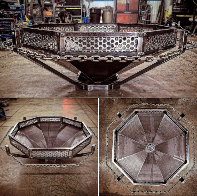 Three views of a large metal containment tank or basin with chains and a perforated exterior.