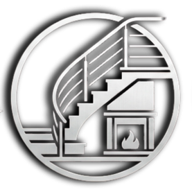 Illustration of a spiral staircase with a fireplace underneath, enclosed in a circular border.