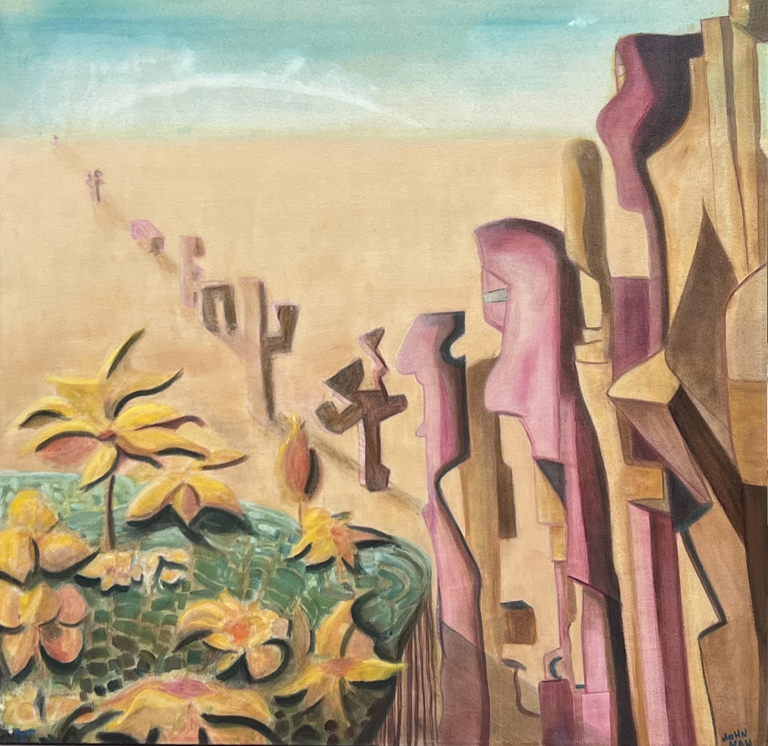 John Nau TOWERS 1  34"x34" Oil and watercolor on canvas