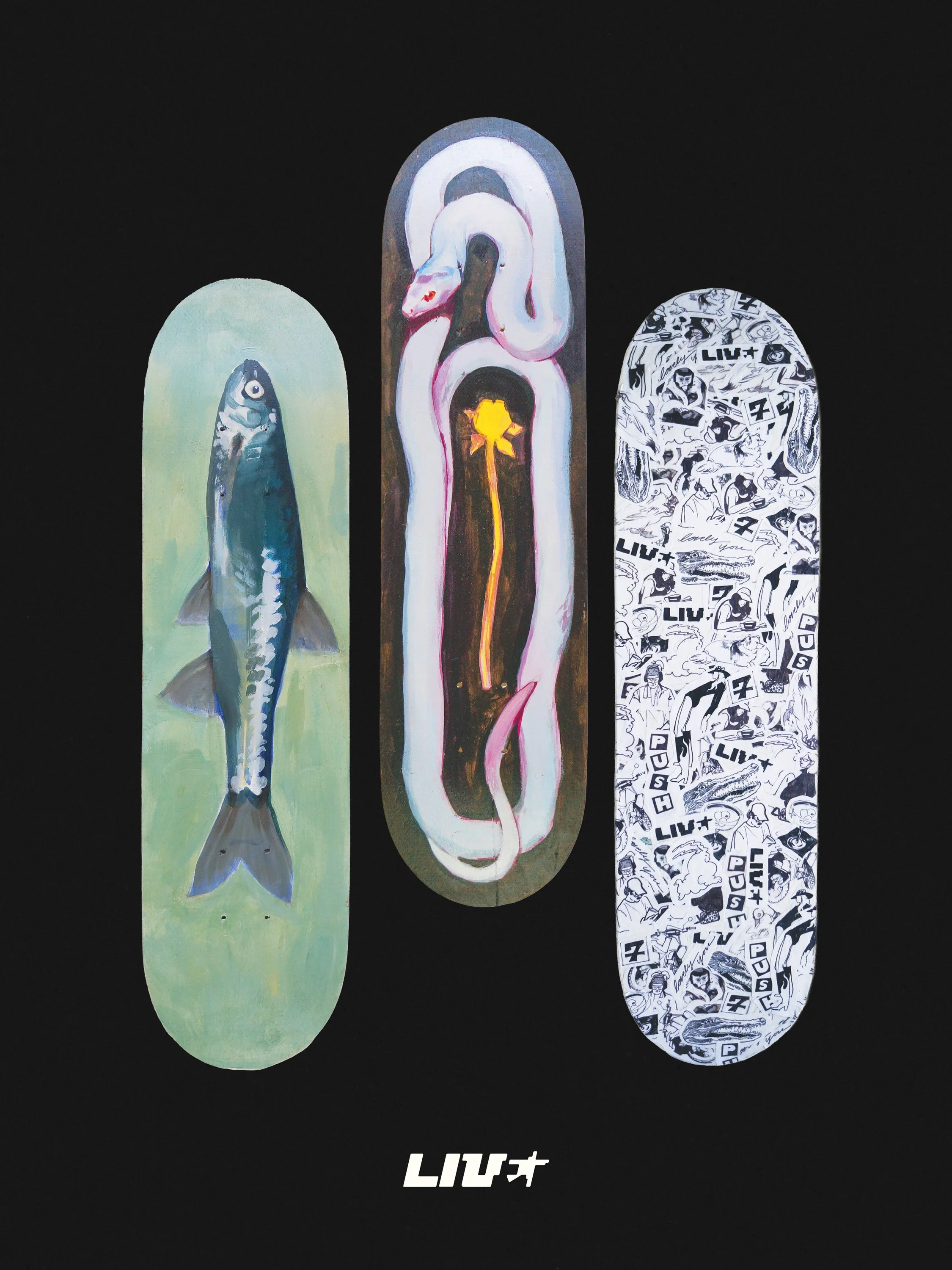 Liv Bishop SILVERFISH, GUARDED, PEOPLE EVERYWHERE 8"x36" Spray paint and acrylic on blanks