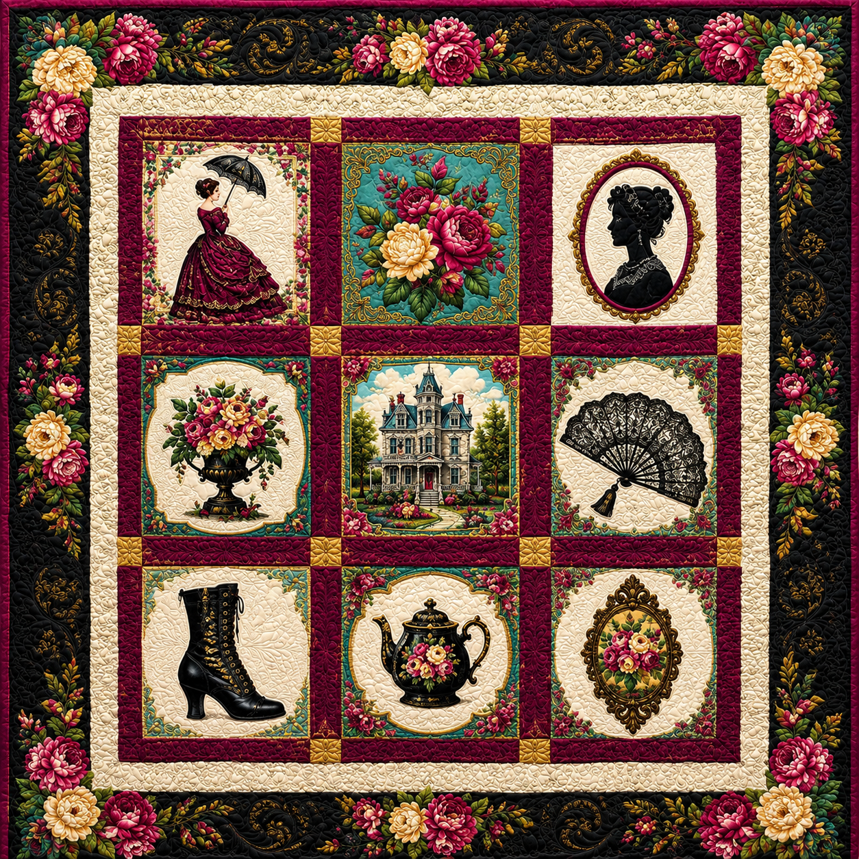A decorative quilt with nine panels featuring various vintage and Victorian-themed images, including a woman with an umbrella, floral arrangements, a Victorian house, a silhouette portrait, a fan, a lace fan, a pair of lace-up boots, a teapot with flowers, and an oval floral frame, all bordered by floral patterns.