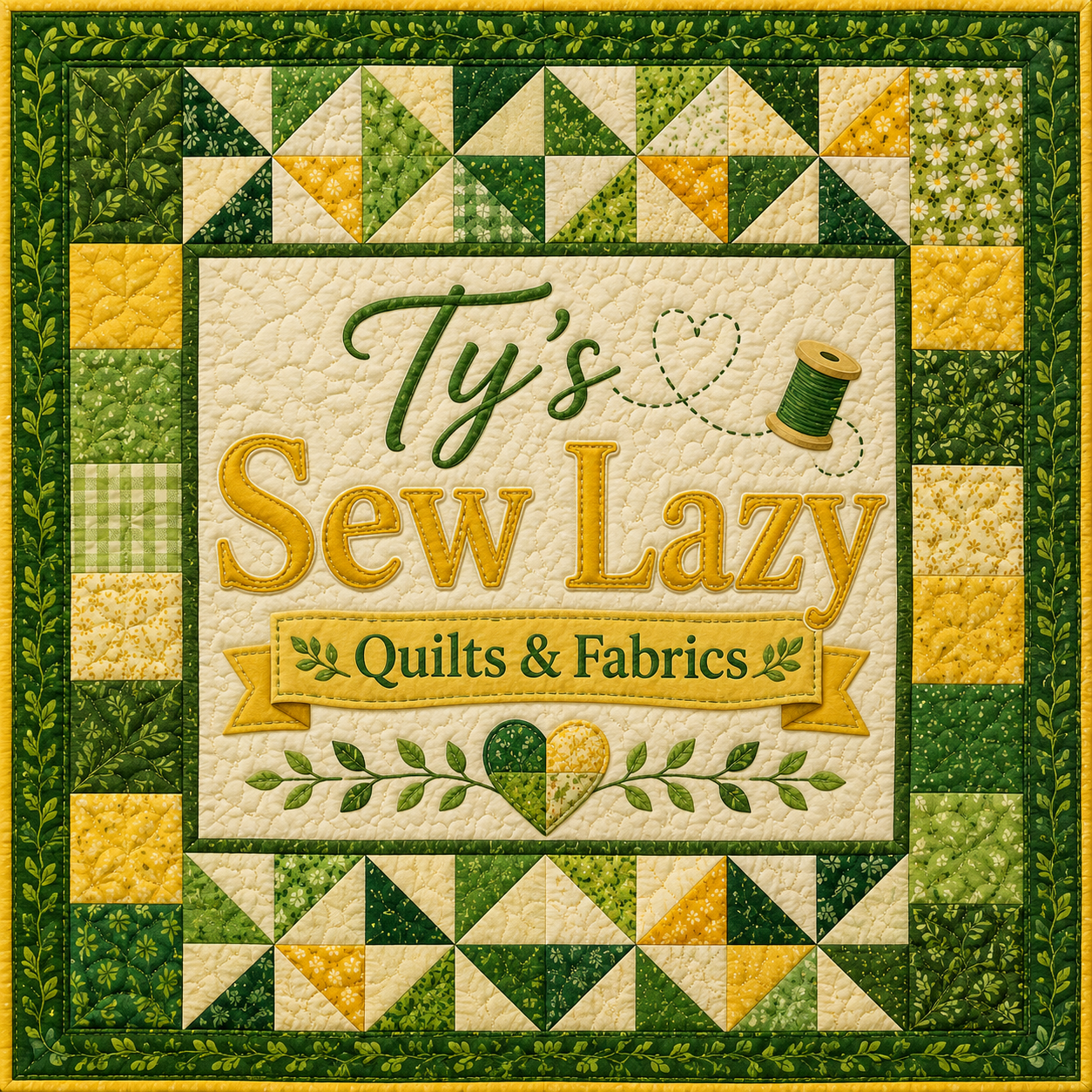 A decorative quilt with a green, yellow, and cream color scheme. The quilt features a central panel with the words "Ty's Sew Lazy Quilts & Fabrics," a spool of thread, and a heart-shaped patch. The border of the quilt includes various patchwork patterns and leaf motifs.