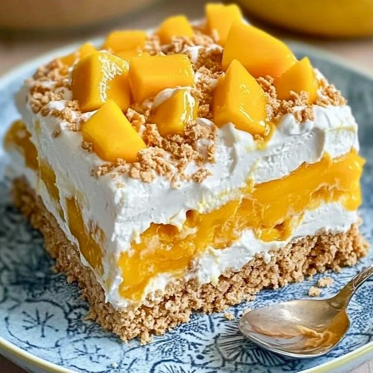 A slice of mango trifle cake with layers of whipped cream, mango chunks, and crushed cookies, topped with additional mango pieces and crushed cookies.