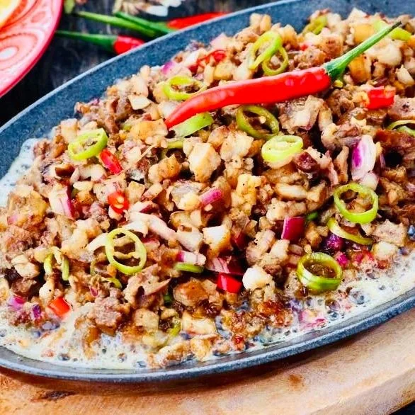 A dish of chopped cooked meat with sliced green onions, red onions, red chili peppers, and sauce on a blue oval plate.