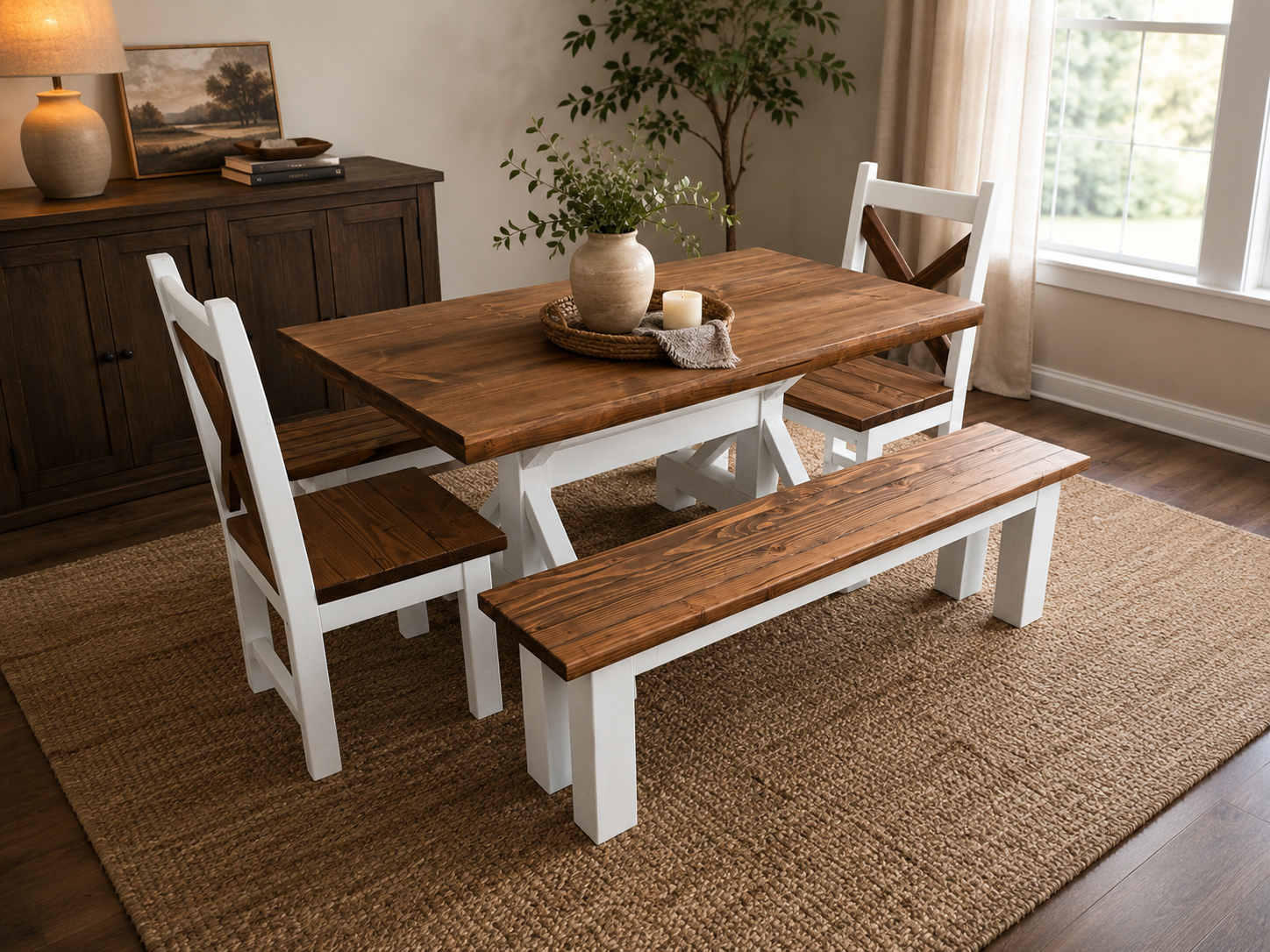A rustic dining room with a wooden table, matching benches, and chairs, decorated with a potted plant, a candle, and a tray, with a wooden sideboard, a lamp, and framed artwork in the background, and a window with curtains letting in natural light.