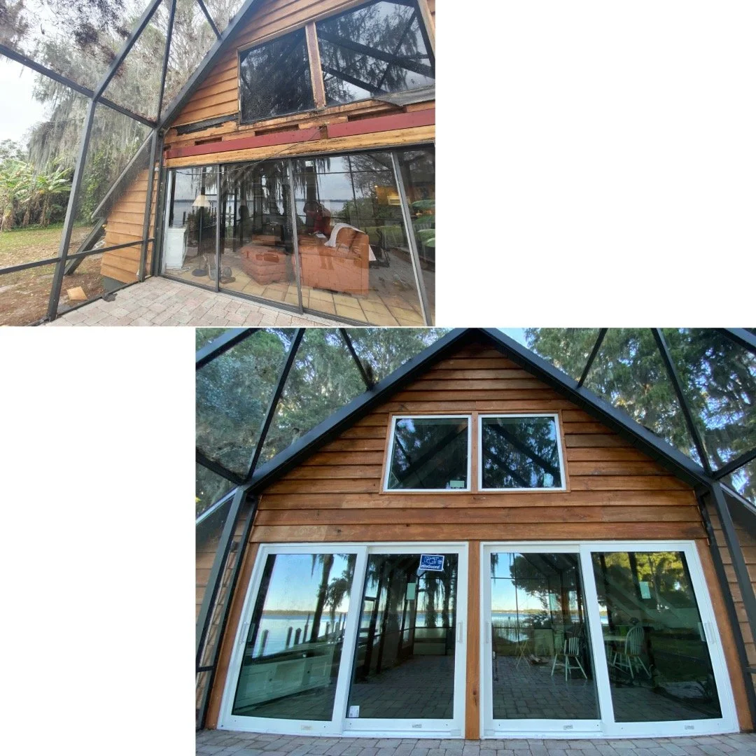 Before and after photo of wood siding replacement on A-frame cabin by Mr. Handyman Clearwater.
